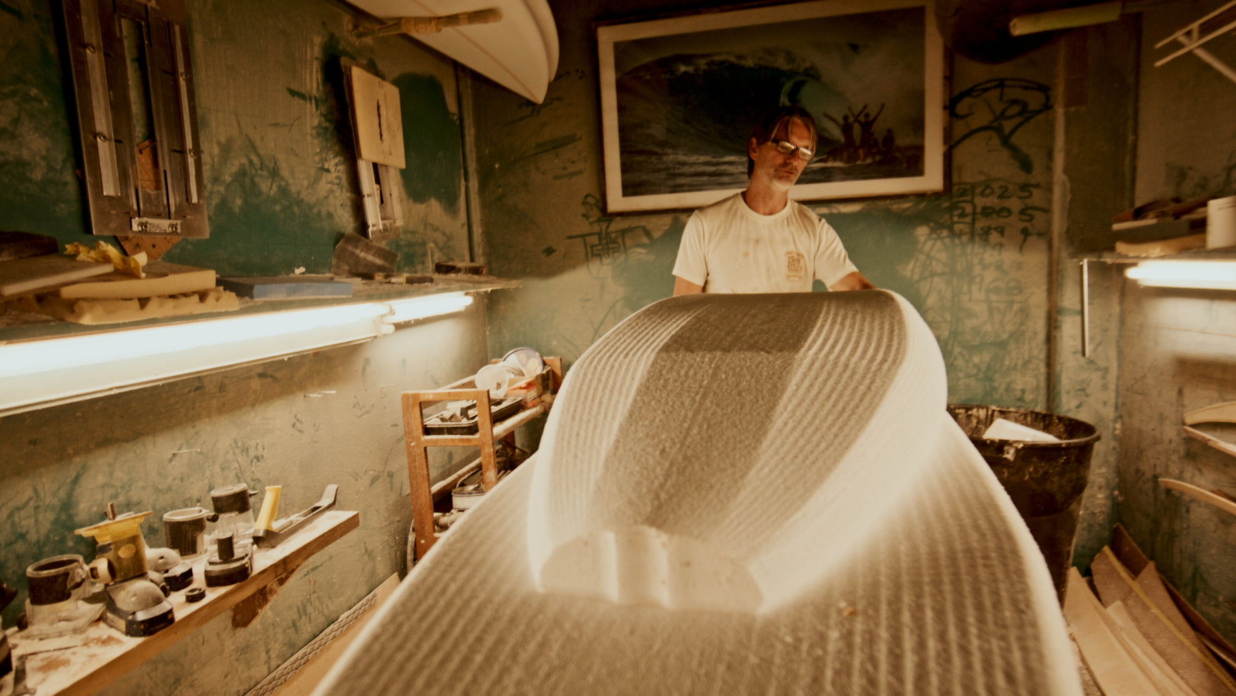 Sean developing a board in his Maui shaping bay.